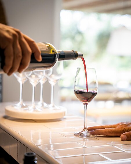 A hand pouring red wine into a glass. 1