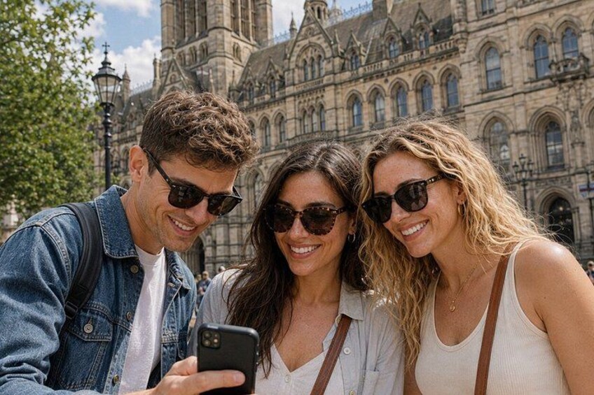 Tre personer tager en selfie foran en historisk bygning. 3