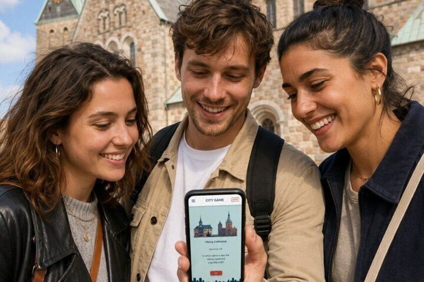 Three people standing in front of a historic building with a smartphone displaying a game. 4