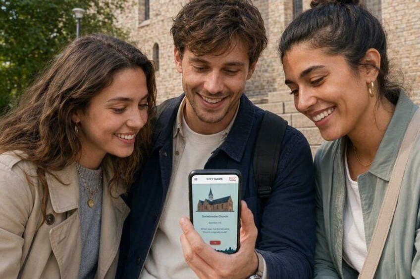 Three people looking at a smartphone displaying a game interface. 1