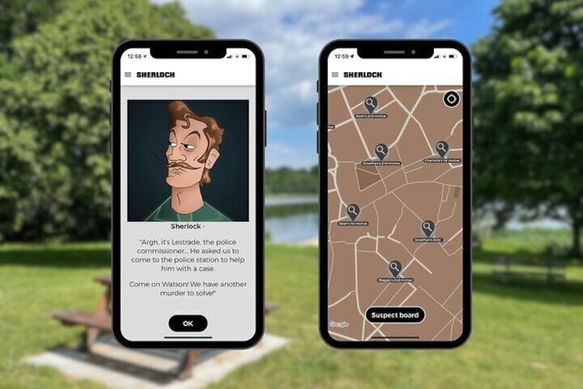 Two smartphones displaying a Sherlock-themed app with a map and a suspect board. 5