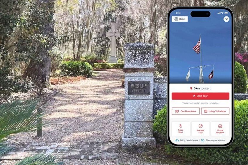 A smartphone displaying a map with a '9 km to start' message, a cross monument, and a 'WESLEY MEMORIAL' sign. 1