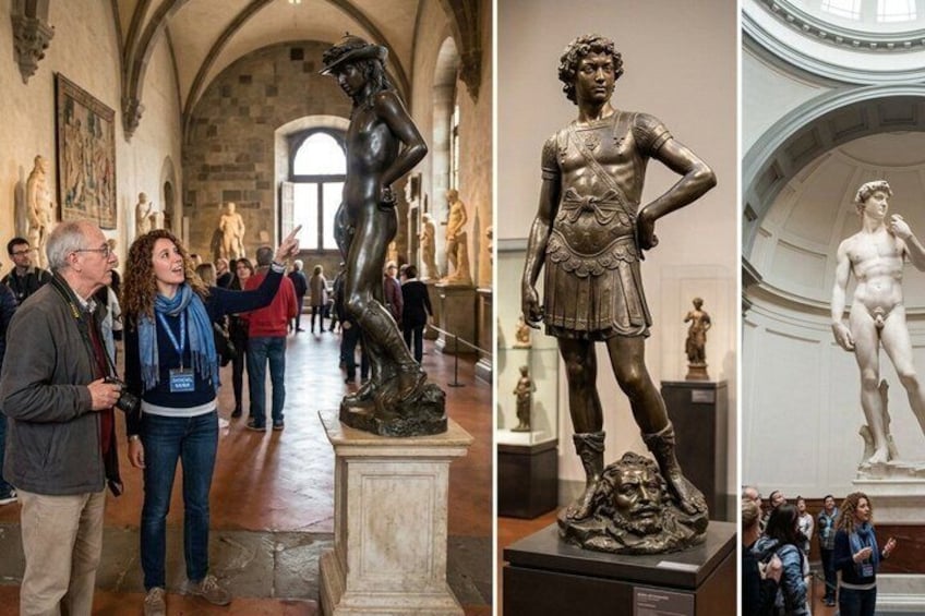A museum interior with classical sculptures on display. 1