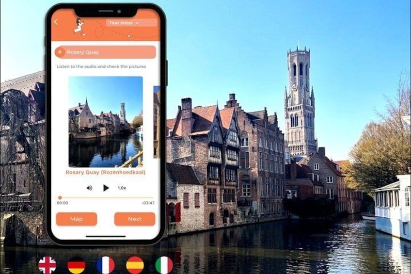En smartphone viser et turiststoppested for Rosary Quay med udsigt til historiske bygninger og et tårn ved en kanal. 1