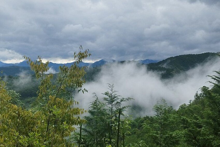 A mountainous landscape with dense fog covering the valleys. 3
