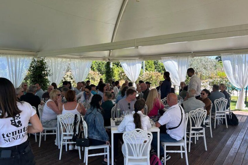 A covered outdoor dining area with white chairs and tables, surrounded by draped white curtains. 5