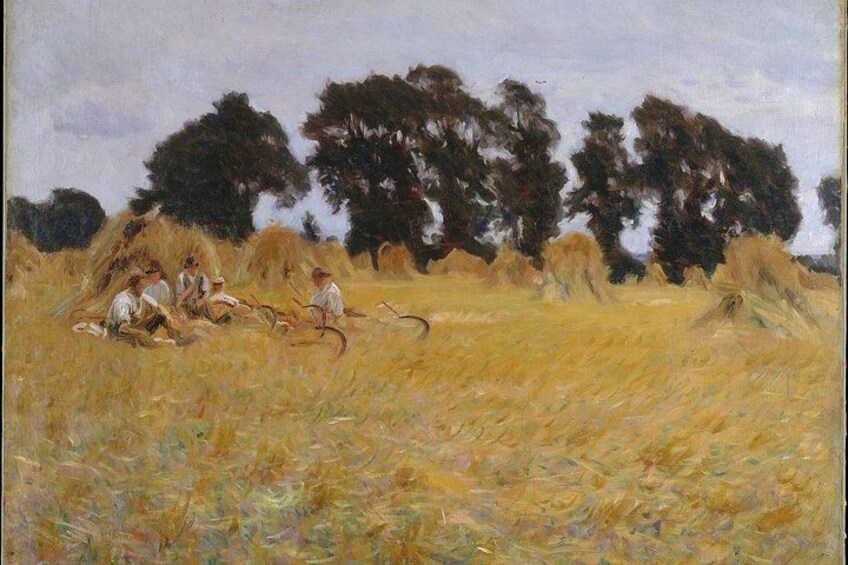 A rural landscape with haystacks, trees, and people in a field. 3