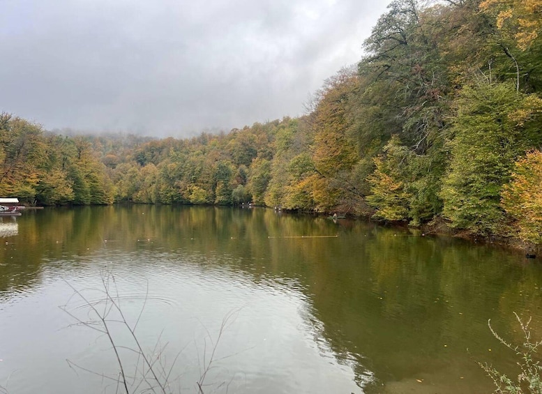 A calm lake surrounded by autumn-colored trees. 4