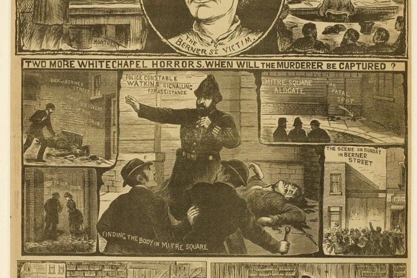 A newspaper illustration of a crime scene with a body found in a street, police officers, and a crowd. 1