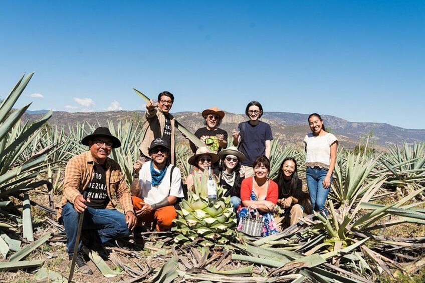 A group of people posing with agave plants in a field with mountains in the background. 1