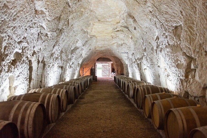 An underground wine cellar with rows of wooden barrels and a stone tunnel. 3