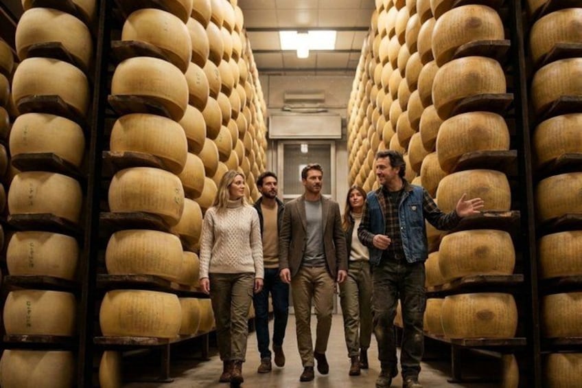 A group of people walking through a warehouse with large wooden barrels. 1