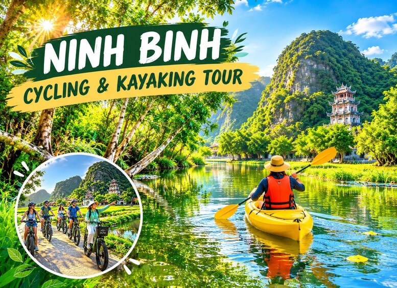 A cycling and kayaking tour in Ninh Binh with lush greenery and traditional architecture. 1
