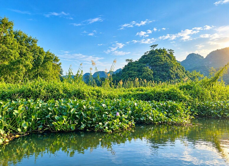 A calm river with lush greenery and hills in the background. 3