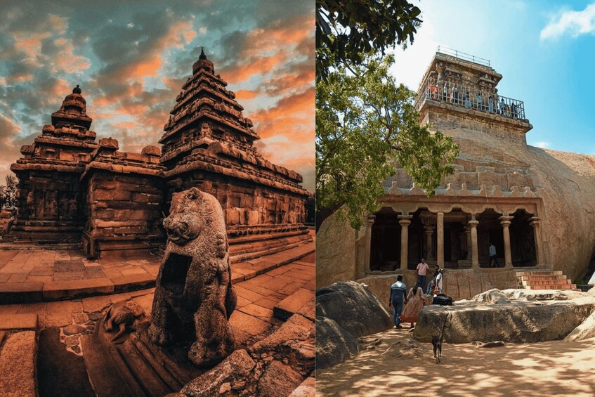Ancient stone structures with intricate carvings and a large lion statue. 2
