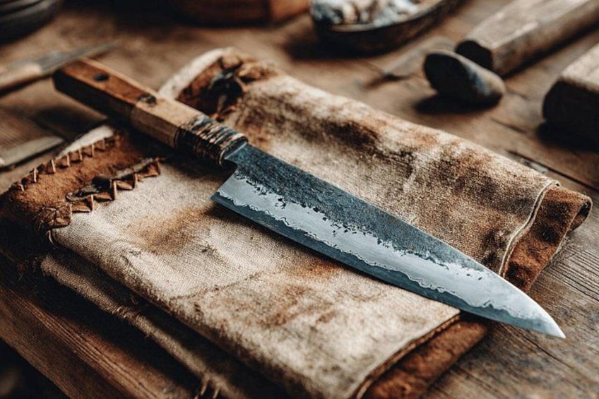 Un couteau à manche en bois et à lame en métal, posé sur un tissu. 4