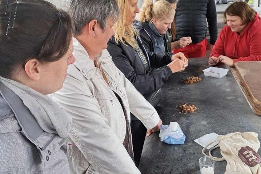 Un groupe de personnes est assis autour d’une table, devant de la nourriture, et discute. 2