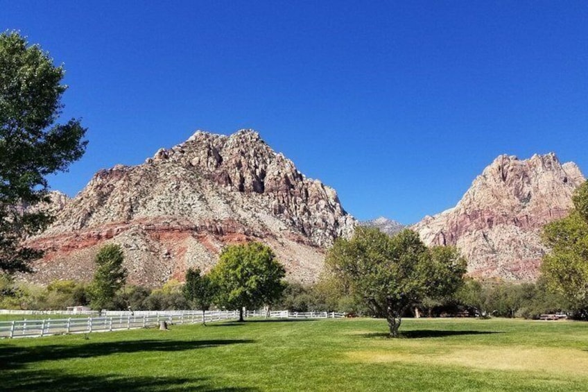 A mountain range with a clear sky, a grassy field, and a white fence. 5