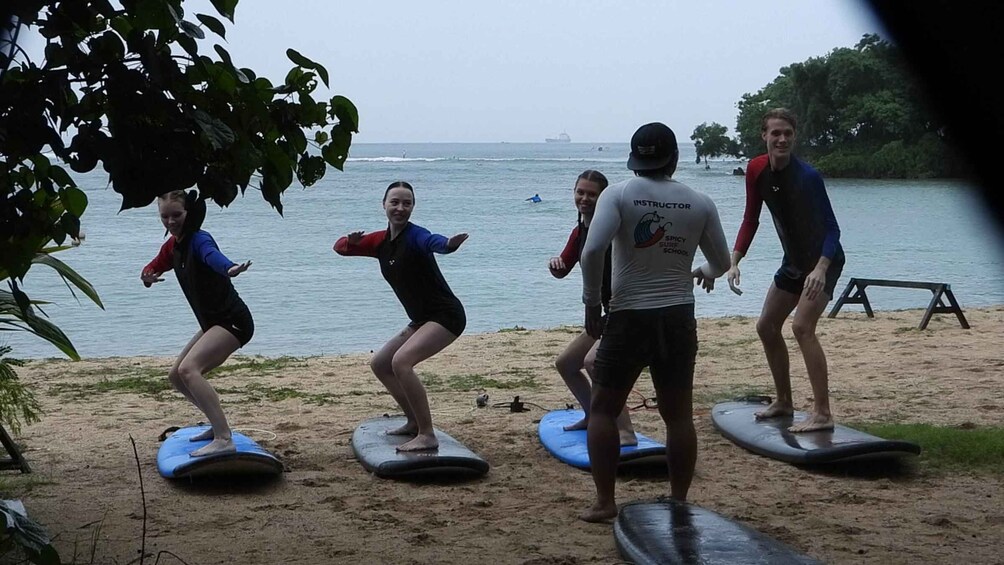 People practicing on balance boards by a beach with a ship in the background. 5