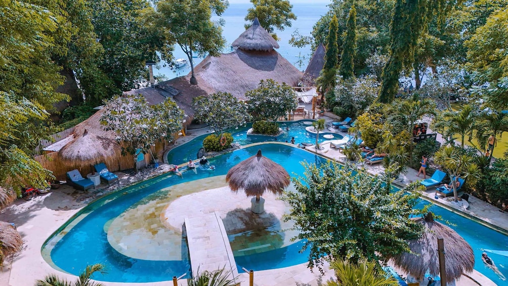 A resort with a large swimming pool, thatched-roof structures, and lush greenery. 3
