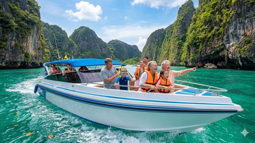 A boat with passengers wearing life jackets on a turquoise sea with rocky cliffs. 1