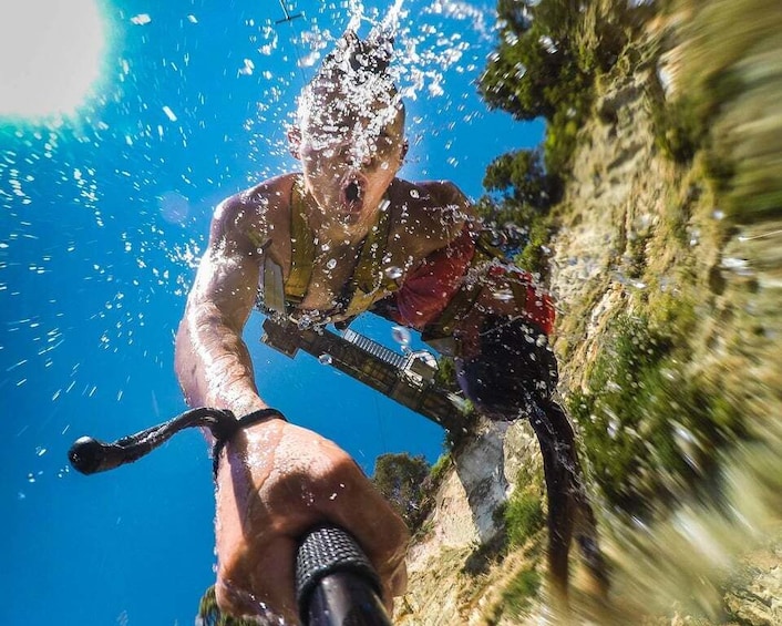 A person diving into a body of water with a camera, surrounded by greenery and a clear blue sky. 4