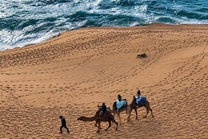 Un paysage désertique avec des dunes de sable et une étendue d’eau en arrière-plan. 4