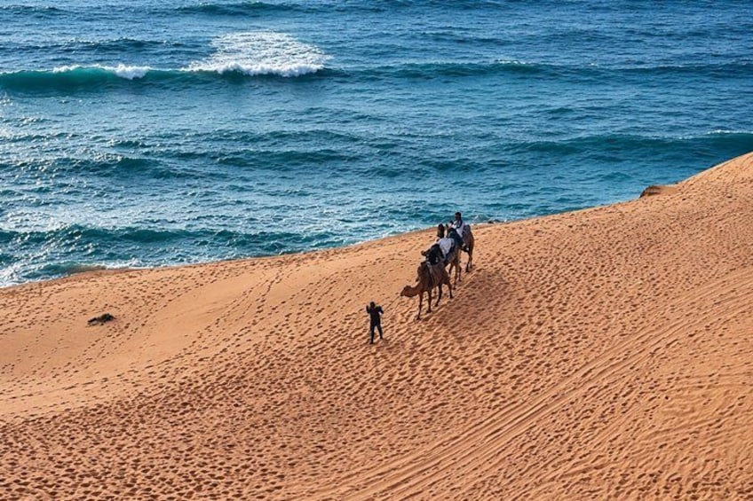 Un paysage désertique où l’on voit un groupe de personnes à cheval, se déplaçant le long d’une plage de sable. 5