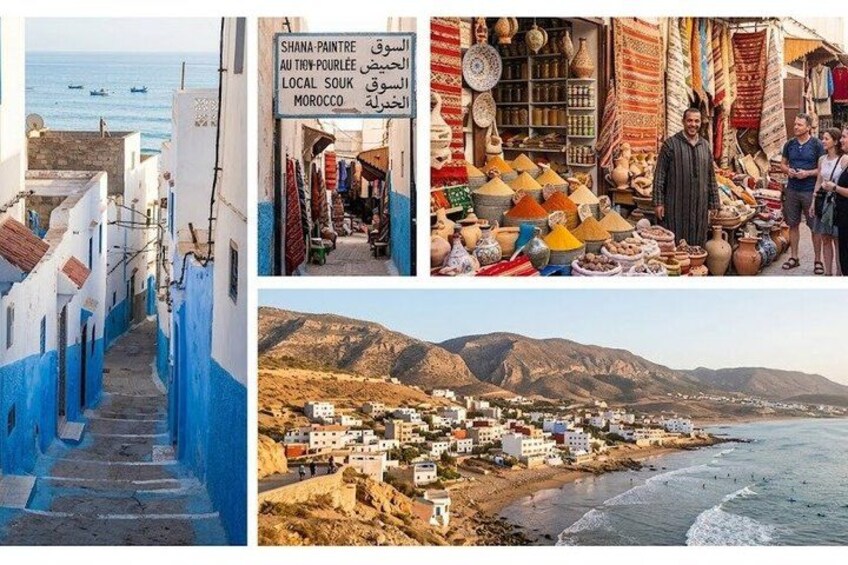 A narrow alleyway, a bustling market, and a coastal town. 1