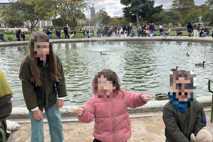 A park with a pond, ducks, and people. 5