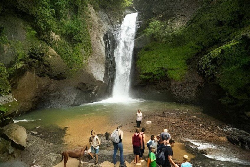 A waterfall, a group of people, and a dog in a natural setting. 1