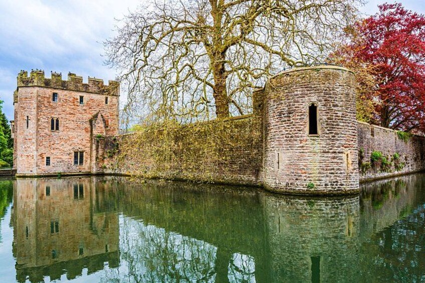 A castle with a moat, a round tower, and a leafless tree. 4