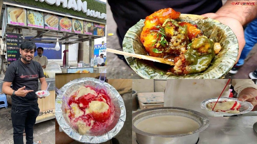 A street food stall with various dishes and a person holding a plate of food. 2