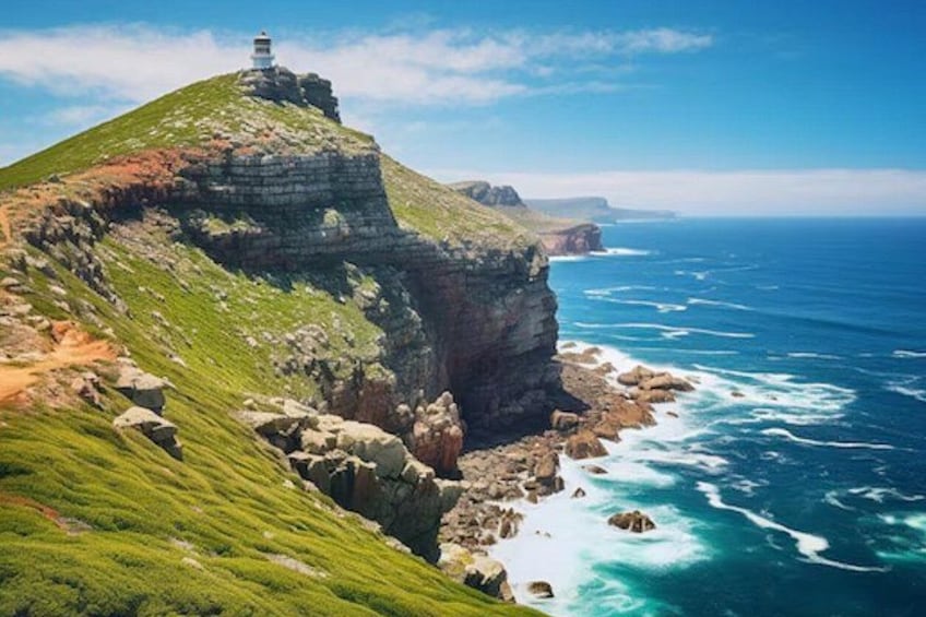 A coastal landscape with a lighthouse on a grassy hill, rocky cliffs, and the ocean. 5