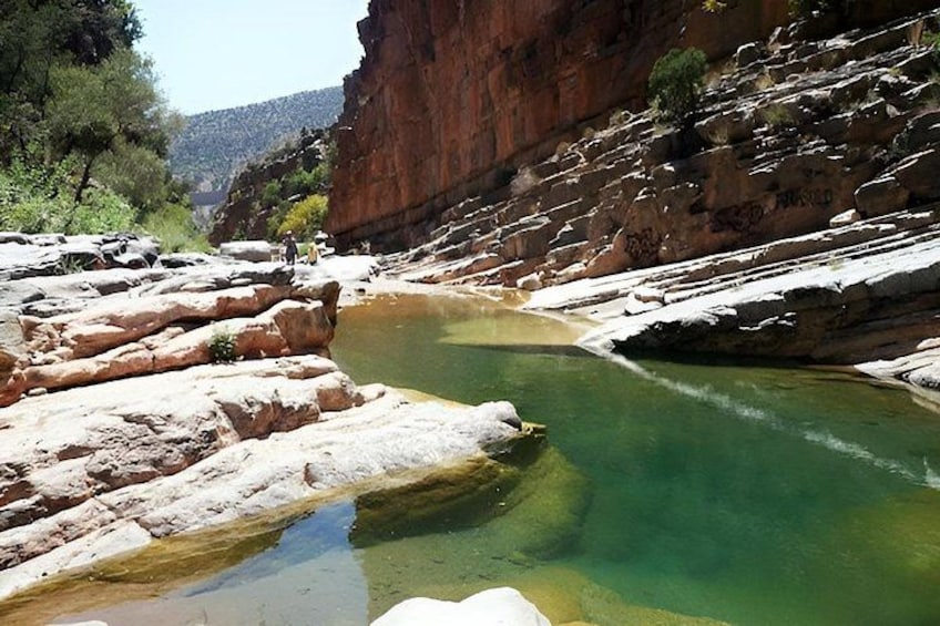 A canyon with a clear water stream, rocky terrain, and sparse vegetation. 3