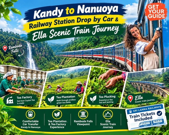 A scenic train journey from Kandy to Nanuoya, highlighting tea plantation, factory, and waterfalls. 3