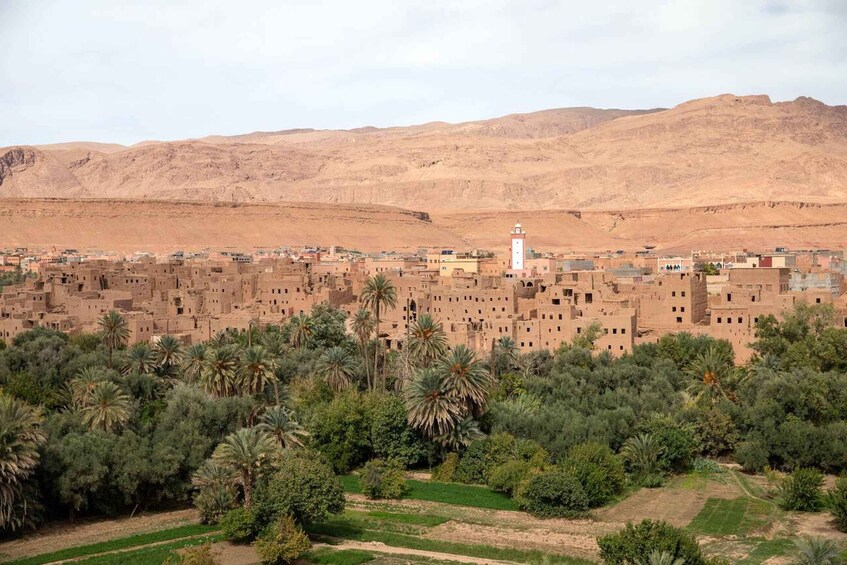 Un paisaje desértico con un pueblo en primer plano y montañas al fondo. 2