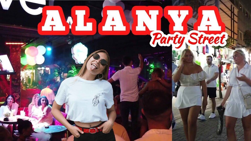A lively party street with people dancing and socializing. 1