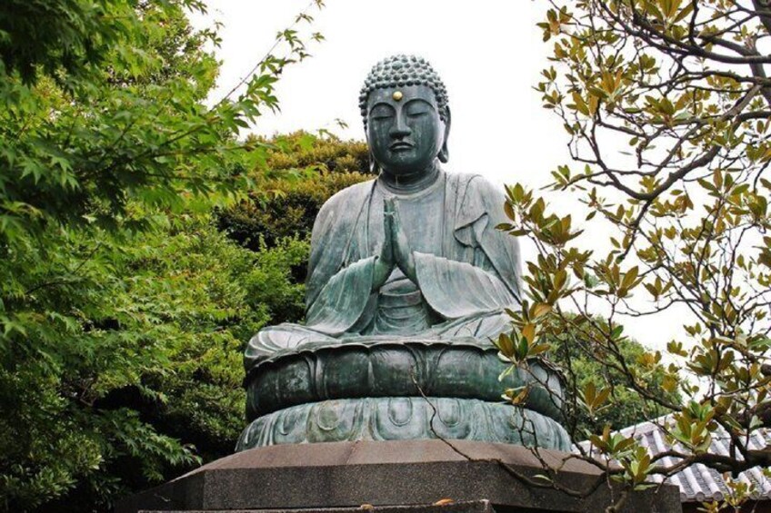 Una estatua grande de Buda rodeada de abundante vegetación. 4
