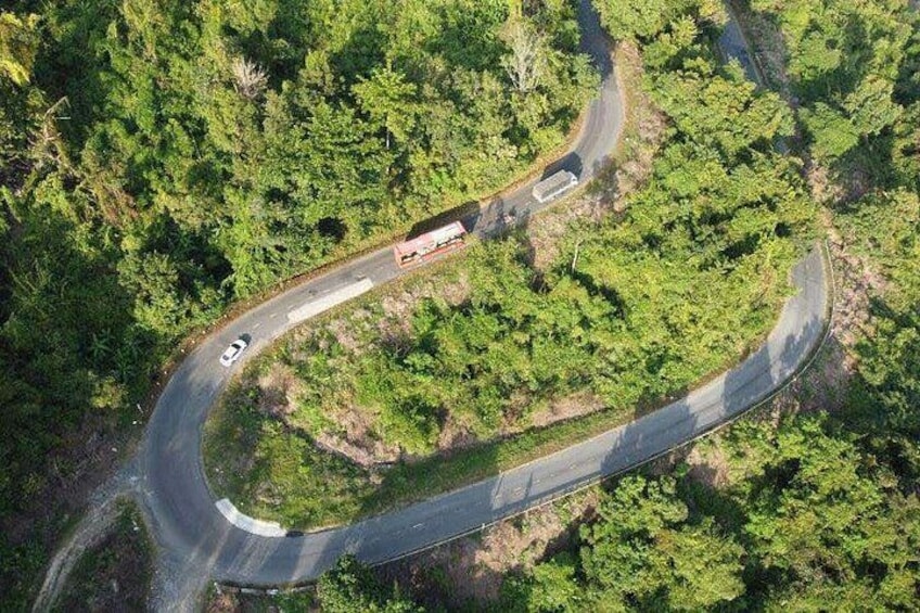Vue aérienne d’une route sinueuse traversant une forêt dense. 1