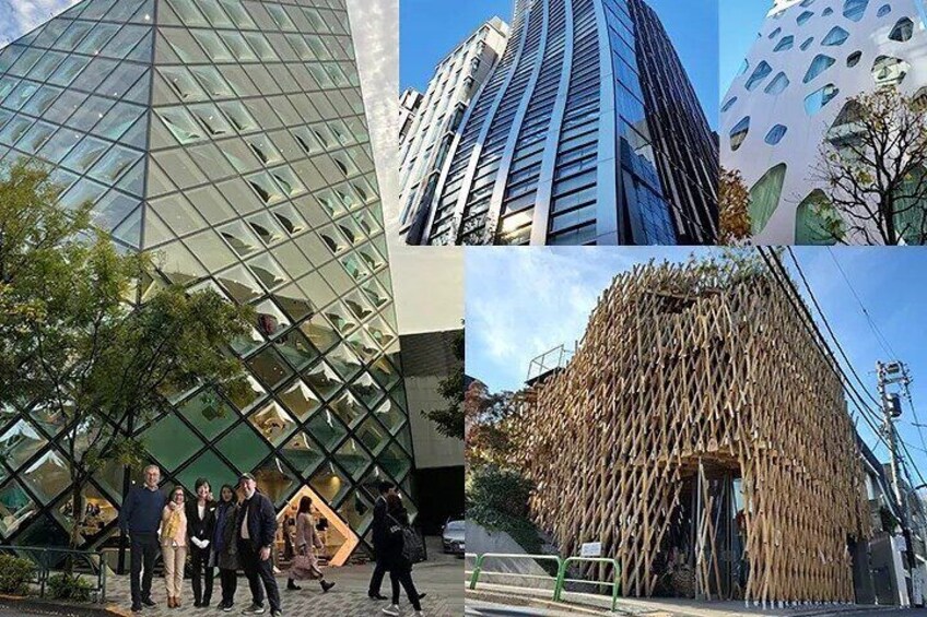 A modern glass building, a tall skyscraper, a unique building with circular windows, and a structure made of wooden slats. 2