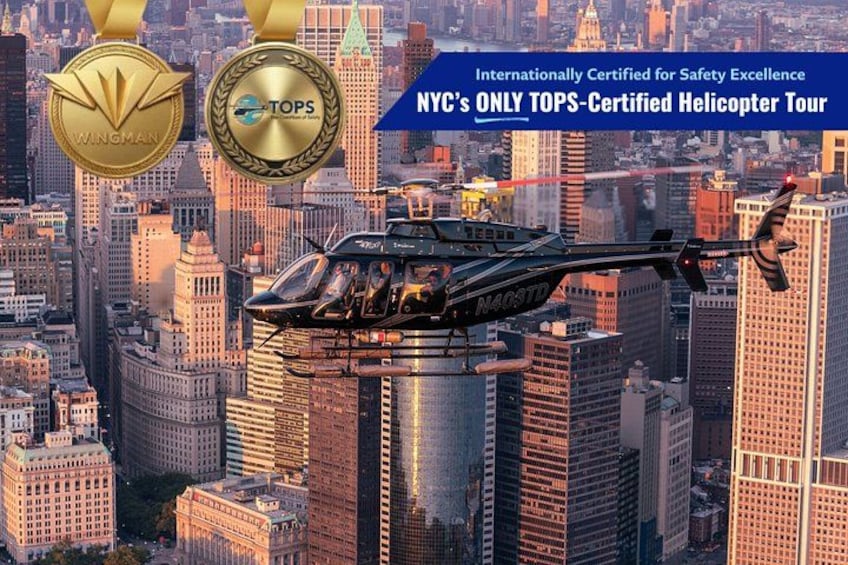 A helicopter flying over a cityscape with skyscrapers. 1
