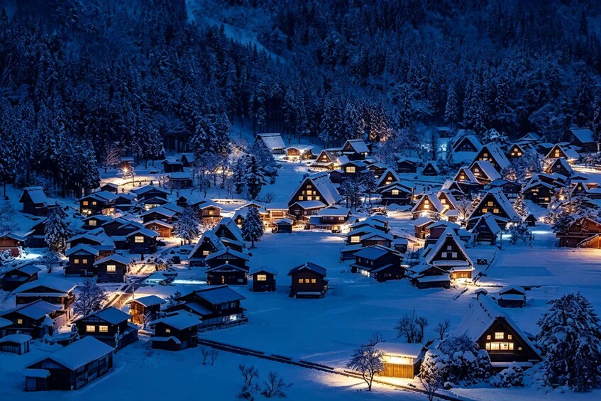 A snow-covered village at night with illuminated houses and dense forest in the background. 4