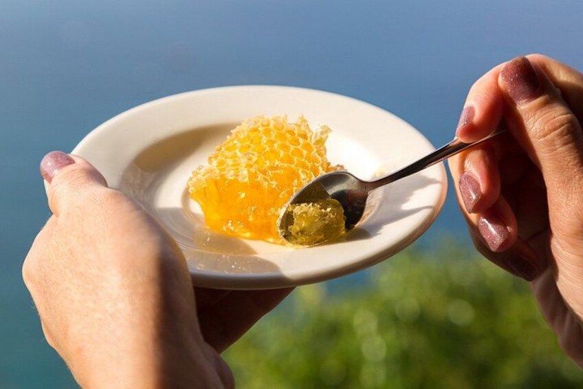 A person holding a plate with honeycomb and a spoon. 2
