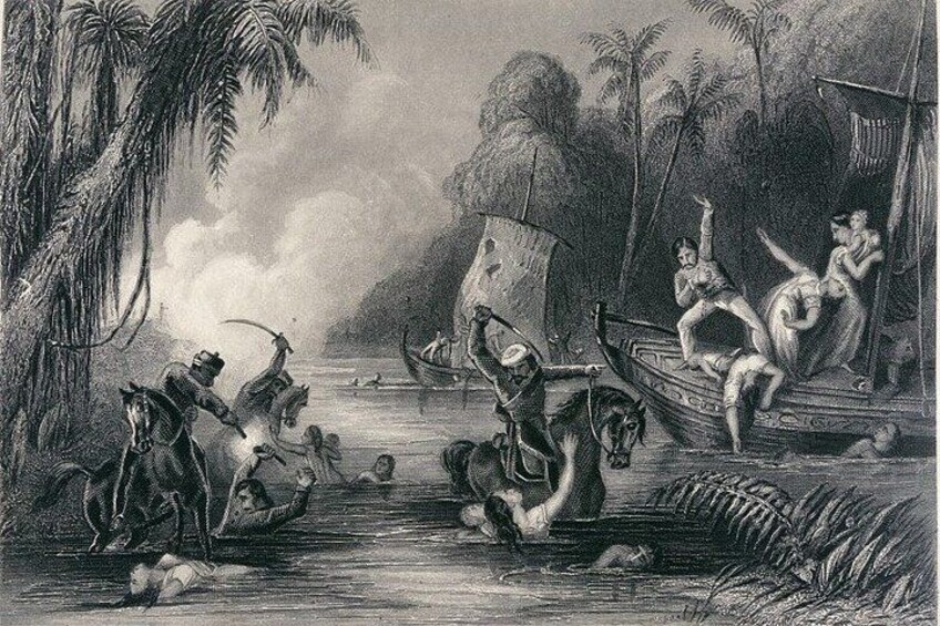 A river scene with people on boats, horses, and elephants. 3