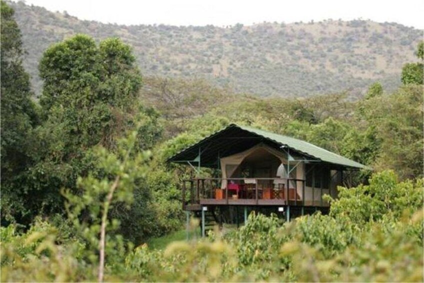 A lodge with a green roof, surrounded by dense vegetation and hills. 4