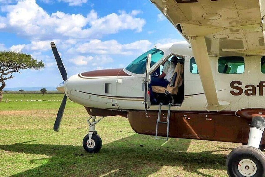 A small propeller airplane parked on grass with a person standing at the open door. 1