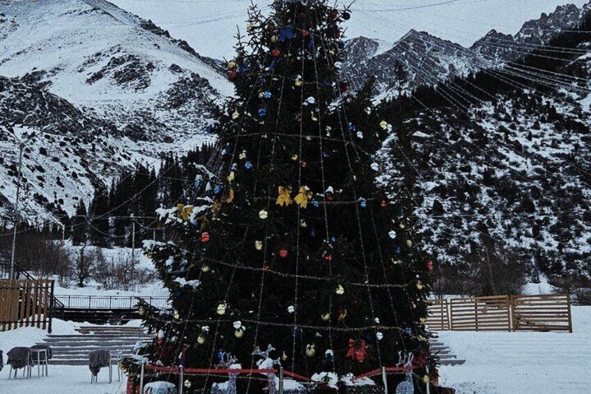 A decorated Christmas tree in a snowy mountainous area. 2