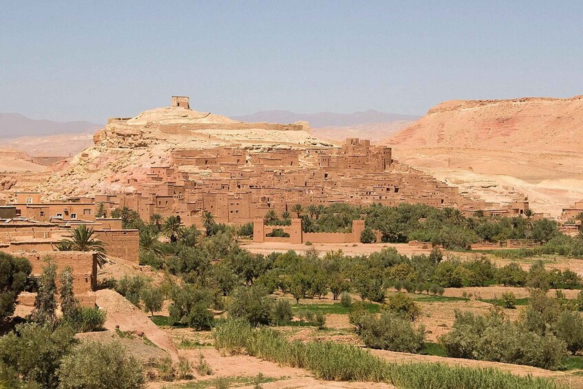A desert landscape with a large, ancient walled city featuring a prominent citadel on a hill. 3