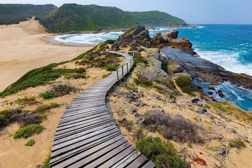 A wooden boardwalk along a coastal cliff with a beach and ocean in the background. 2
